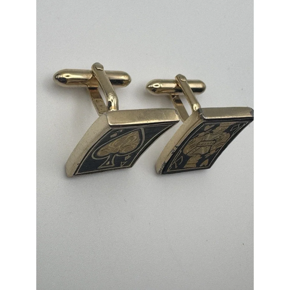 Vintage Damascene Cufflinks King Ace Spades Playing Card Poker 1960s Swank